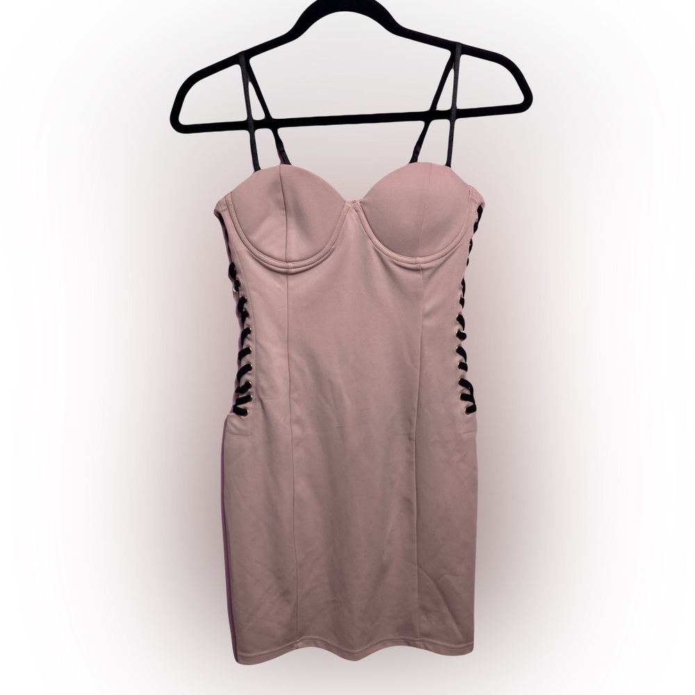 Charlotte Russe Pink Black Bodycon Lace Up Mini Dress Size Small